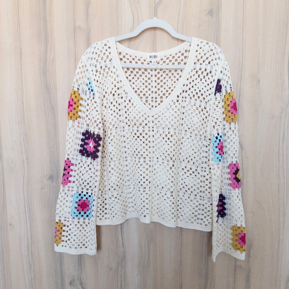 BiBi Womens Crochet Granny Square Sweater Small Cream Long Sleeve Boho Festival
